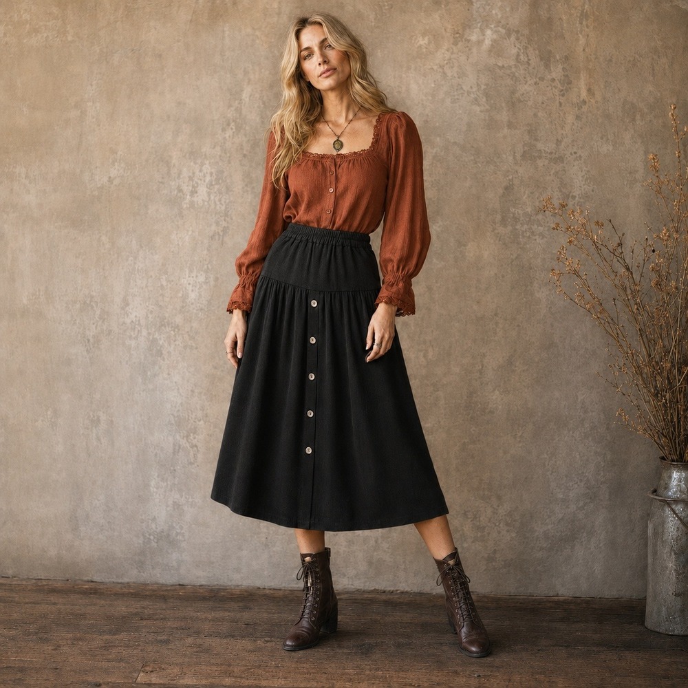 St. Roche Kia Corduroy Skirt M Midi Black S Minimalist Dark Cottagecore Boho
